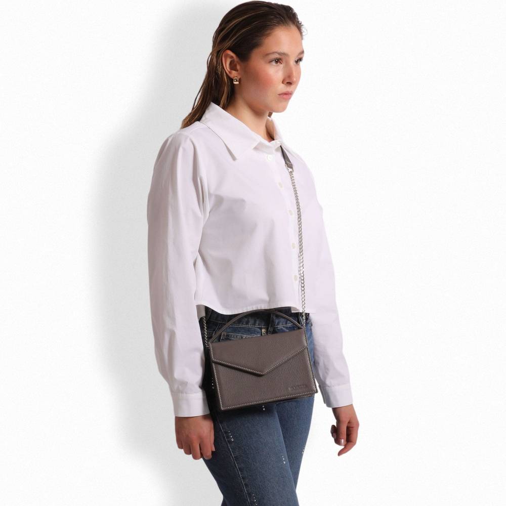 Small Handle Bag with shoulder strap made of grained calfskin gray